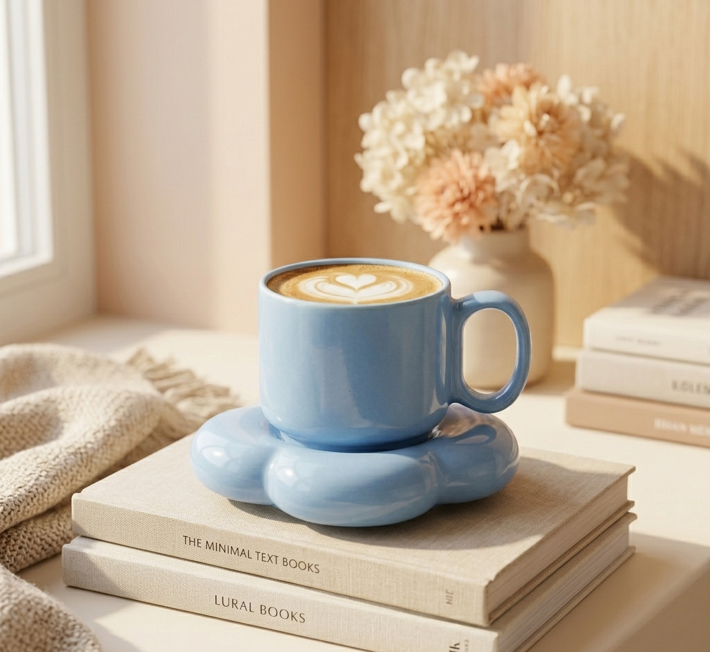 Pastel Blue Ceramic Cup & Saucer Set | Aesthetic Coffee Mug | Minimalist Tea Set