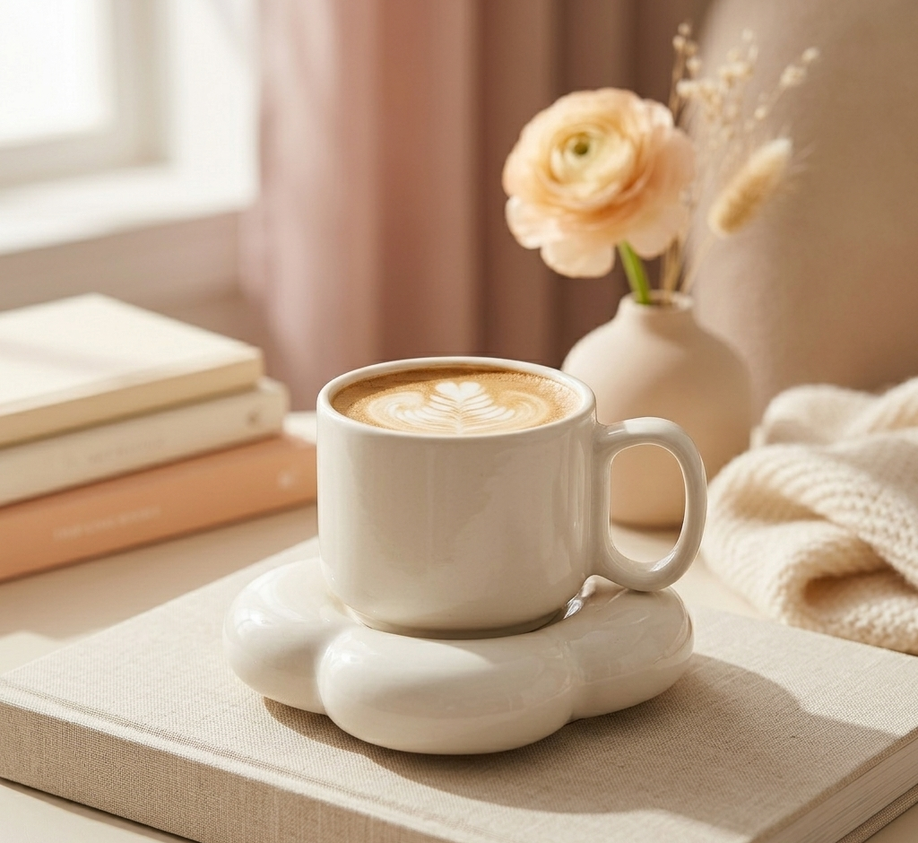 Pastel White Ceramic Cup & Saucer Set | Aesthetic Coffee Mug | Minimalist Tea Set | Elegant Drinkware