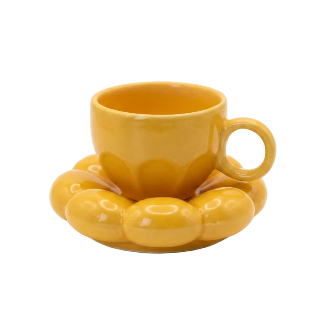 Mustard Yellow Bubble Cup & Saucer Set | Premium Glossy Ceramic Coffee Mug with Puffy Saucer | Aesthetic Minimalist Tea Cup | Durable & Stylish Drinkware for Home, Café & Gifting