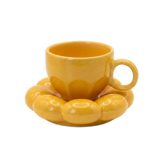 Mustard Yellow Bubble Cup & Saucer Set | Premium Glossy Ceramic Coffee Mug with Puffy Saucer | Aesthetic Minimalist Tea Cup | Durable & Stylish Drinkware for Home, Café & Gifting