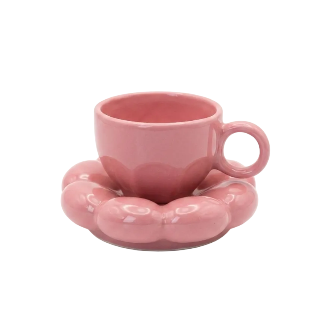 Blush Pink Bubble Cup & Saucer Set | Aesthetic Ceramic Coffee Mug with Puffy Saucer | Modern Cute Tea Cup Set | Minimalist Drinkware