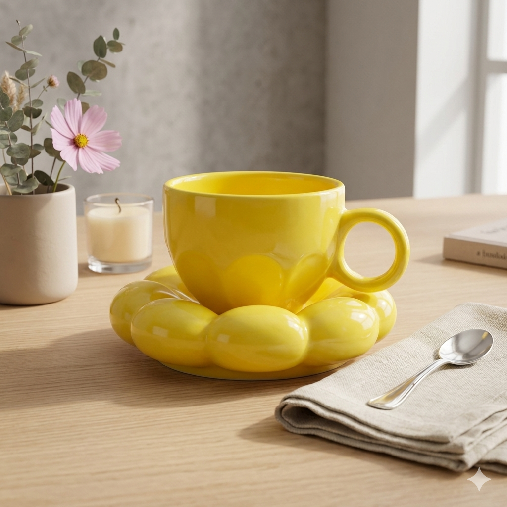 Bubble Ceramic Cup & Saucer Set | Minimalist Coffee & Tea Cup