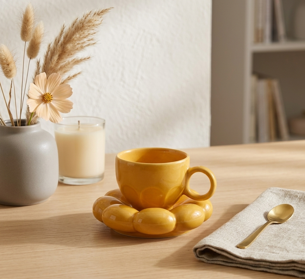 Mustard Yellow Bubble Cup & Saucer Set | Premium Glossy Ceramic Coffee Mug with Puffy Saucer | Aesthetic Minimalist Tea Cup | Durable & Stylish Drinkware for Home, Café & Gifting