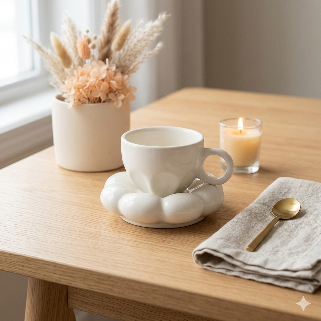 Bubble Ceramic Cup & Saucer Set | Minimalist Coffee & Tea Cup