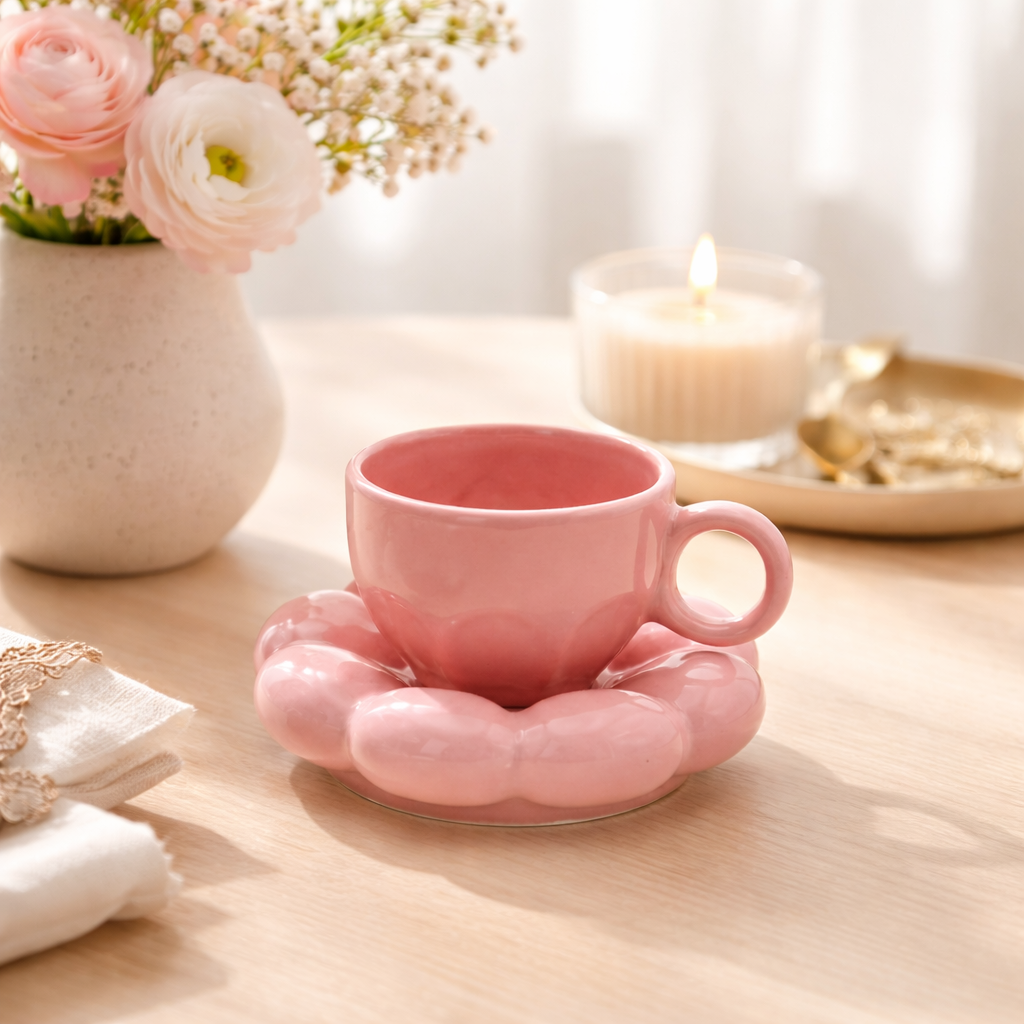 Blush Pink Bubble Cup & Saucer Set | Aesthetic Ceramic Coffee Mug with Puffy Saucer | Modern Cute Tea Cup Set | Minimalist Drinkware