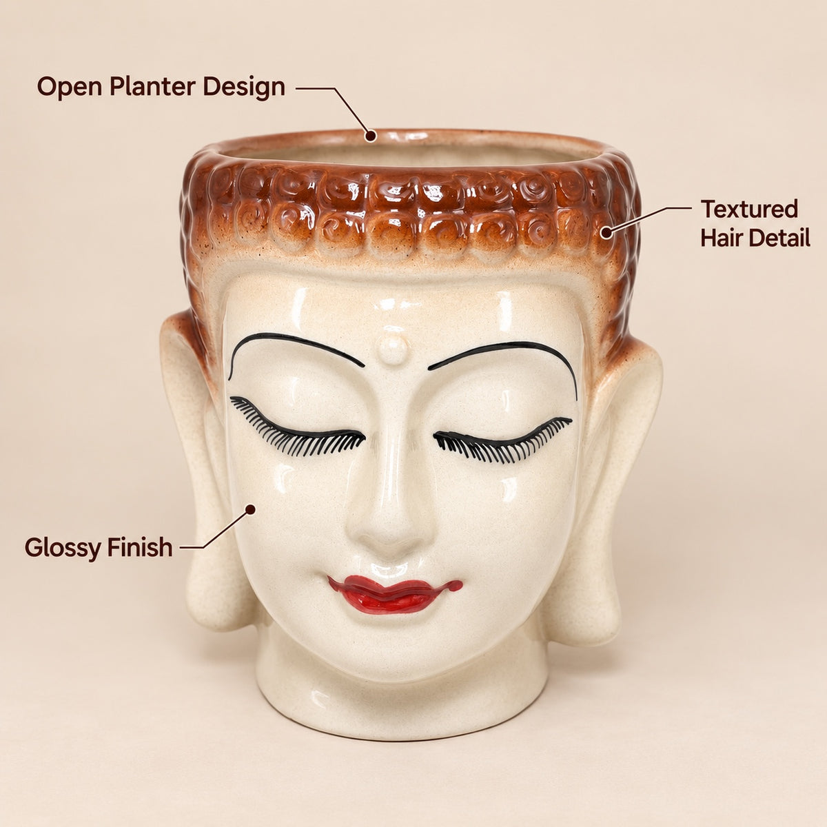 Large Buddha face ceramic planter showing open planter design, textured hair detail and glossy finish