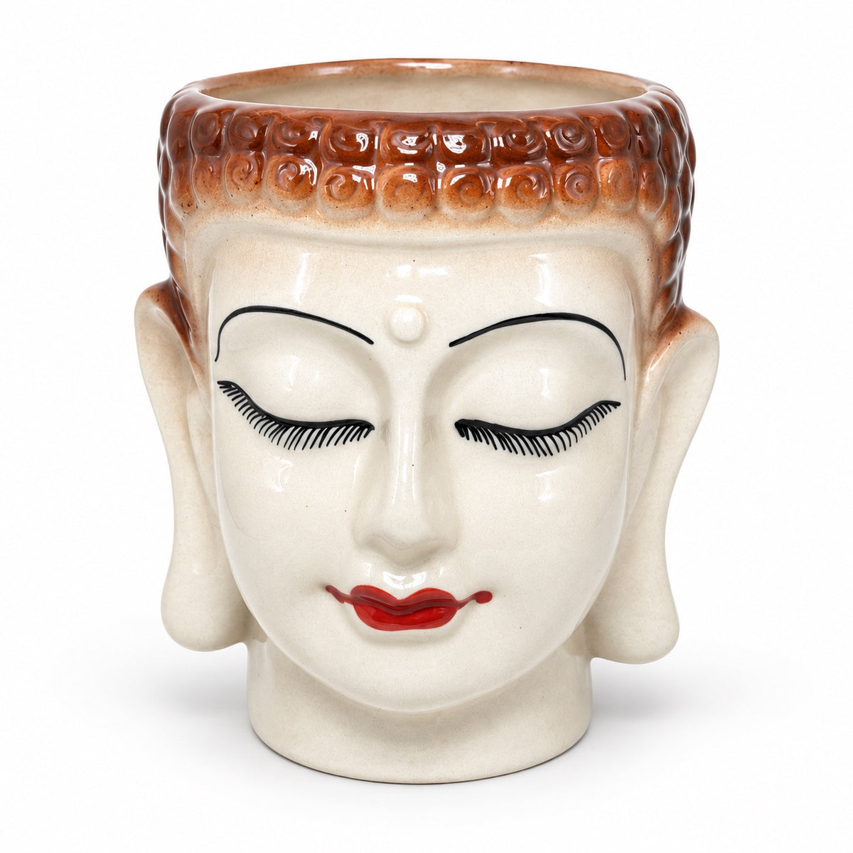 Large Buddha face ceramic indoor planter with glossy finish on white background