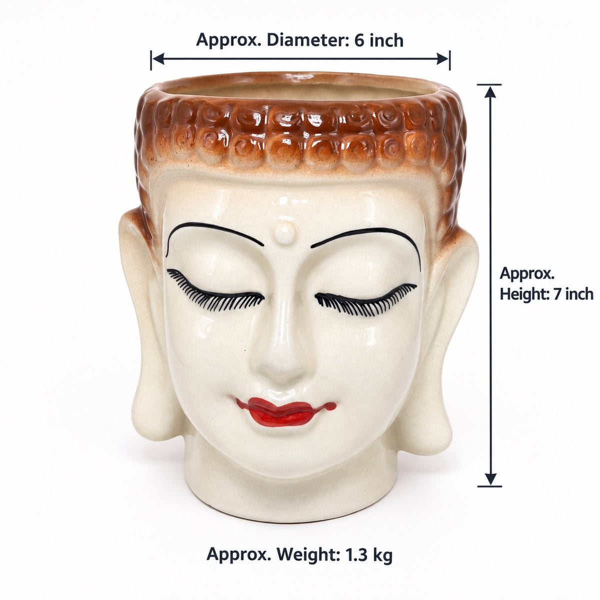 Large Buddha ceramic planter size guide showing approximately 6 inch diameter, 7 inch height and 1.3 kg weight