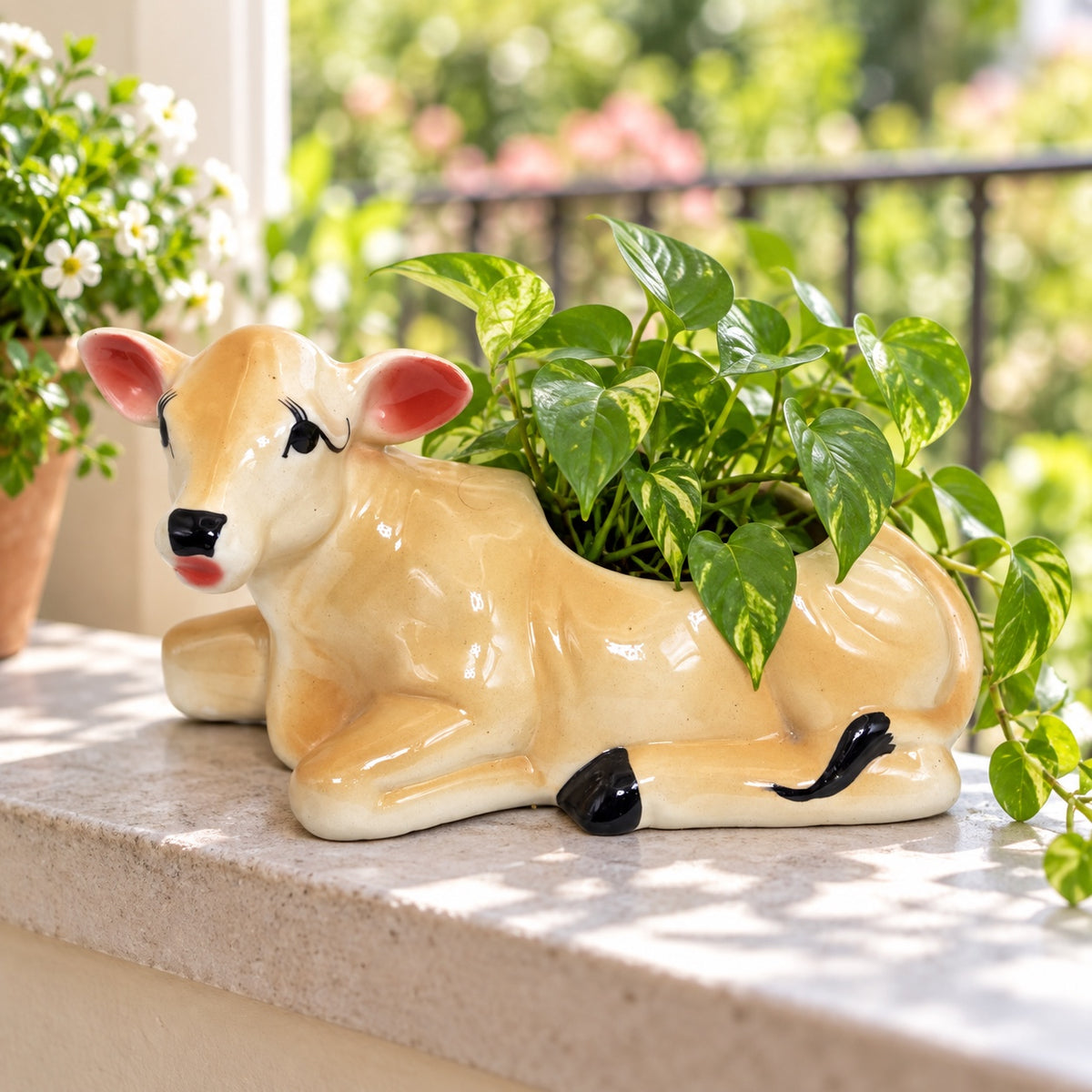 Cow-shaped ceramic indoor planter styled with a green pothos plant