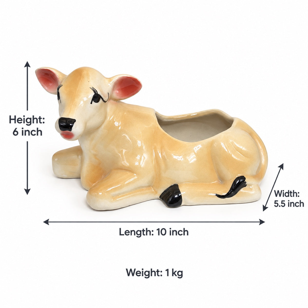 Cow ceramic planter dimensions 10 inch length, 6 inch height, 5.5 inch width, weight 1 kg