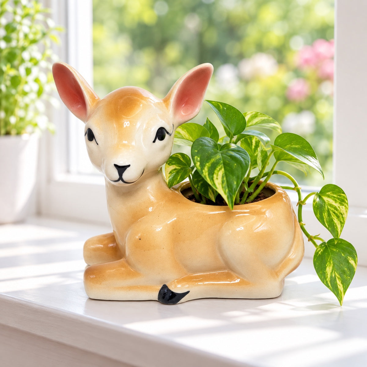 Deer shaped ceramic indoor planter styled with a trailing pothos plant by a bright window