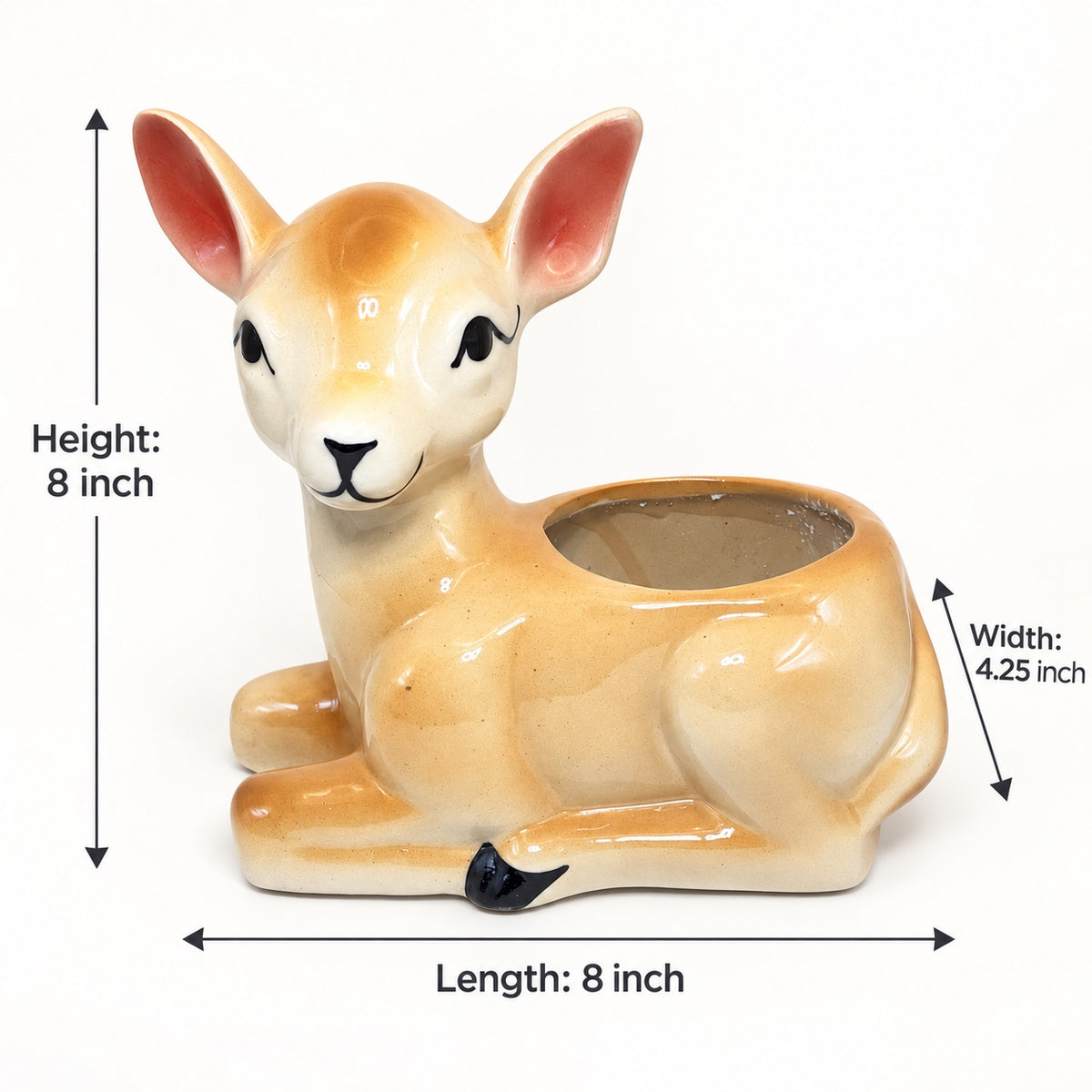 Deer shaped ceramic indoor planter size guide showing approximately 8 inch height, 8 inch length and 4.25 inch width