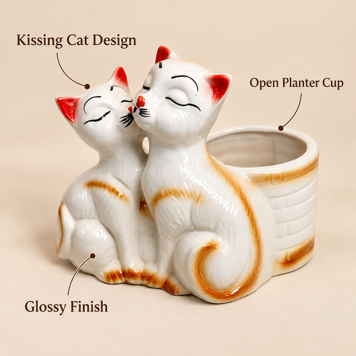 Kissing cats ceramic indoor planter showing glossy finish and open planter cup
