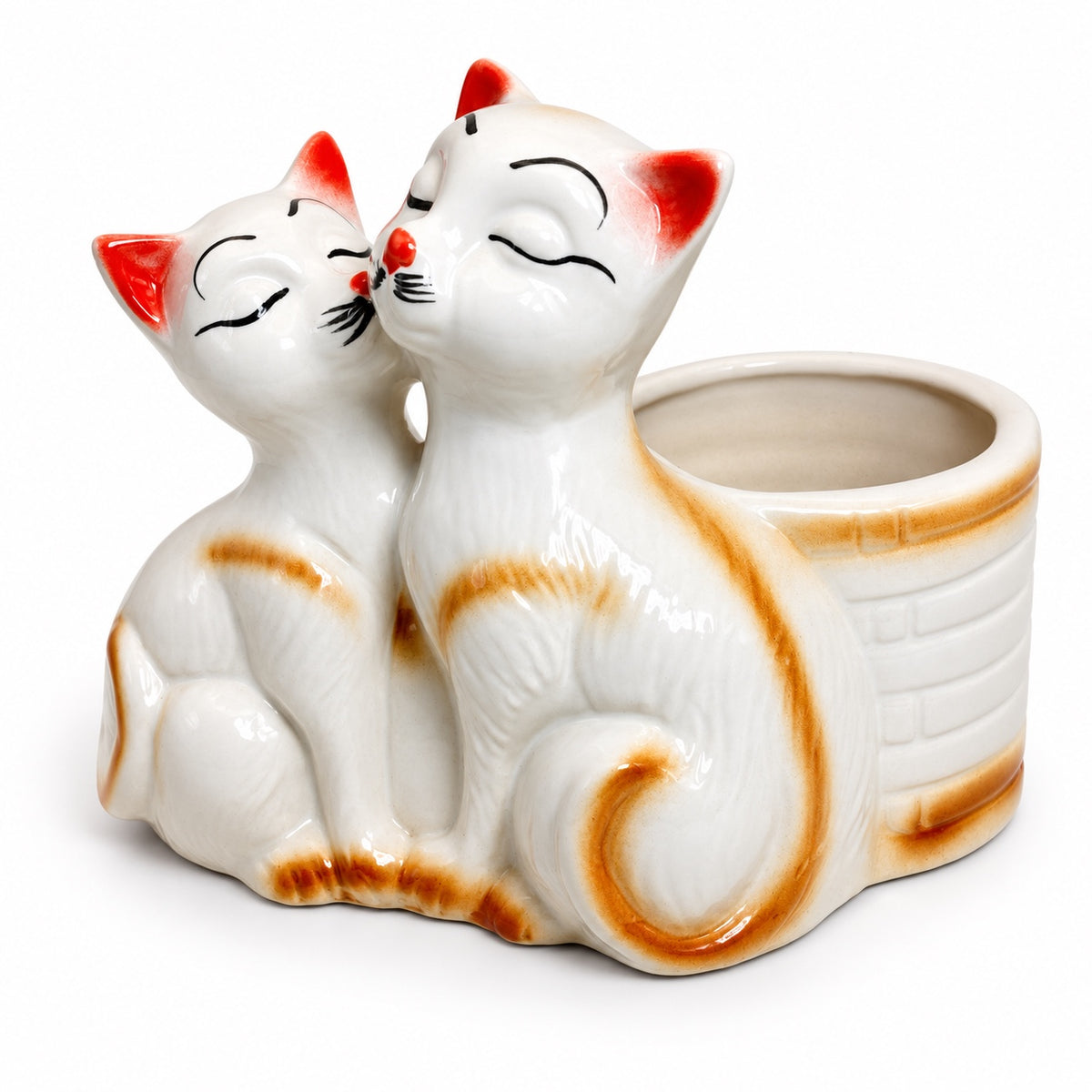 Kissing cats ceramic indoor planter with glossy white and warm tan finish