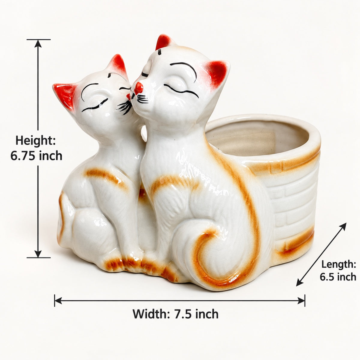 Kissing cats ceramic indoor planter size guide showing 6.75 inch height, 7.5 inch width and 6.5 inch length