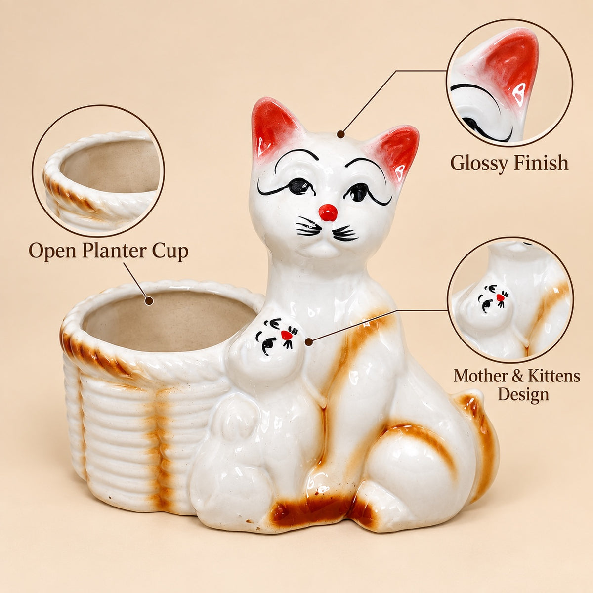 Mother cat and kitten ceramic indoor planter showing open planter cup, glossy finish and sculpted design