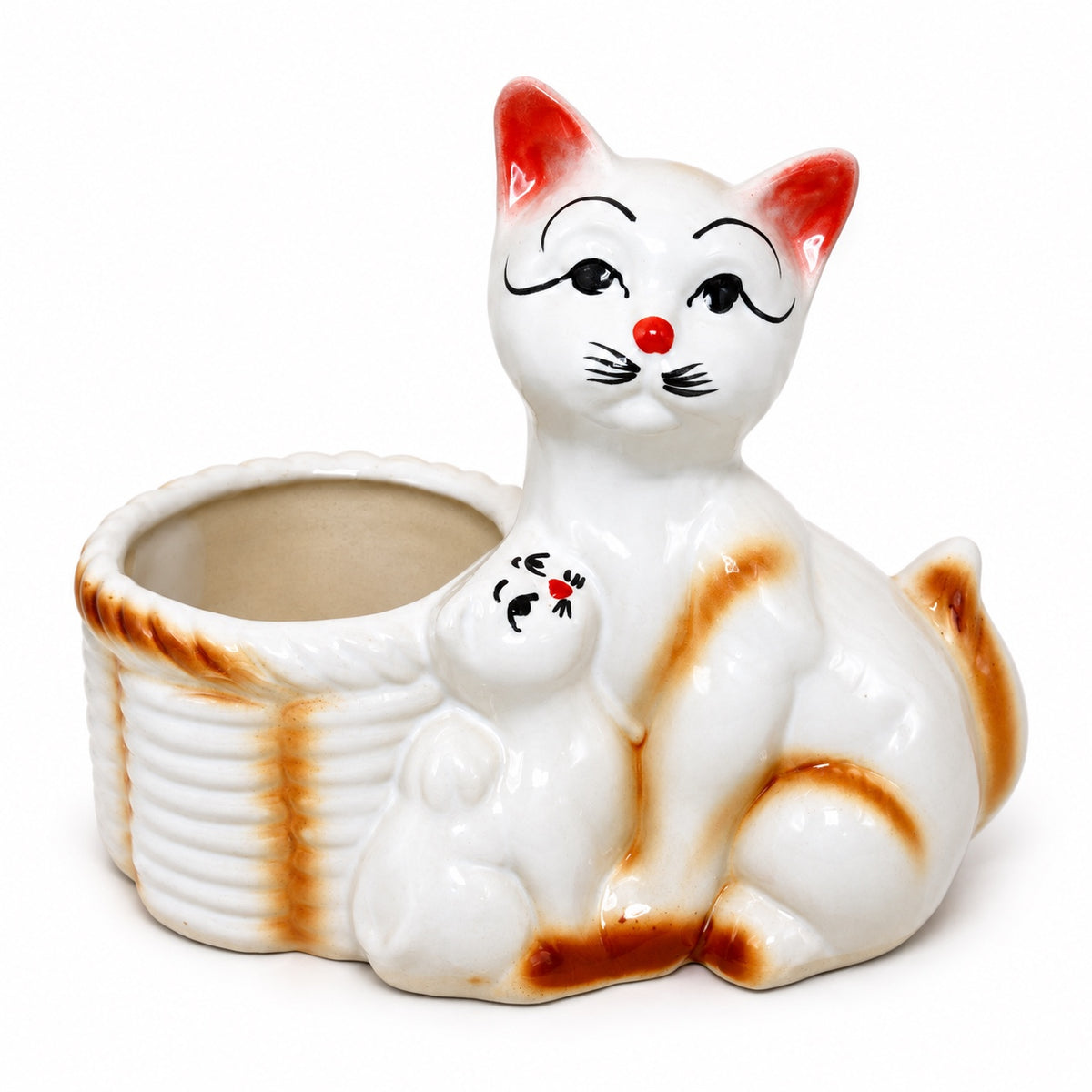 Mother cat and kitten ceramic indoor planter with glossy white and warm tan accents
