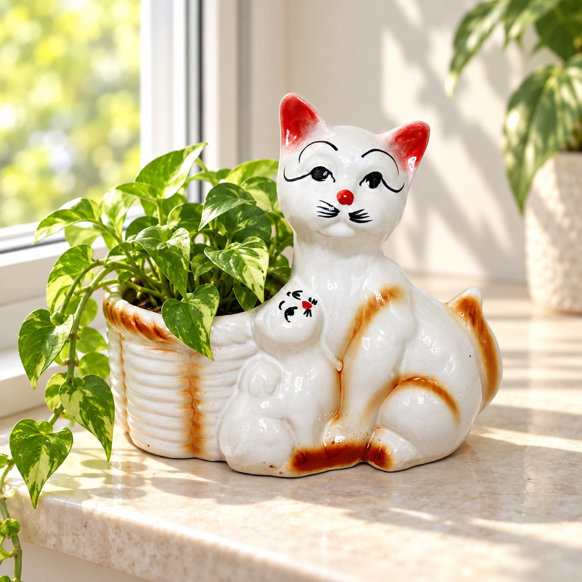 Mother cat and kitten ceramic indoor planter styled with a pothos plant by a bright window