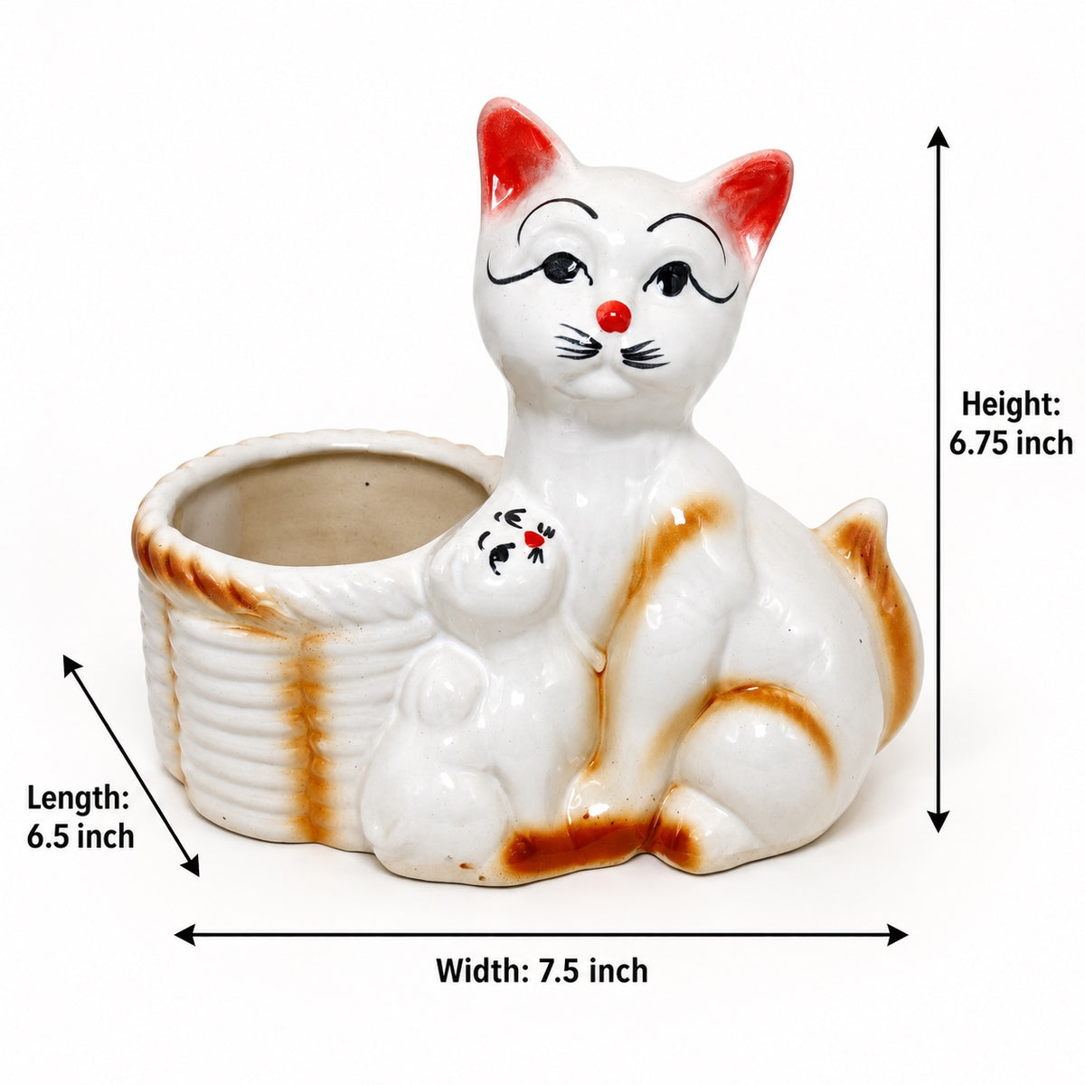 Mother cat and kitten ceramic indoor planter size guide showing 6.75 inch height, 7.5 inch width and 6.5 inch length