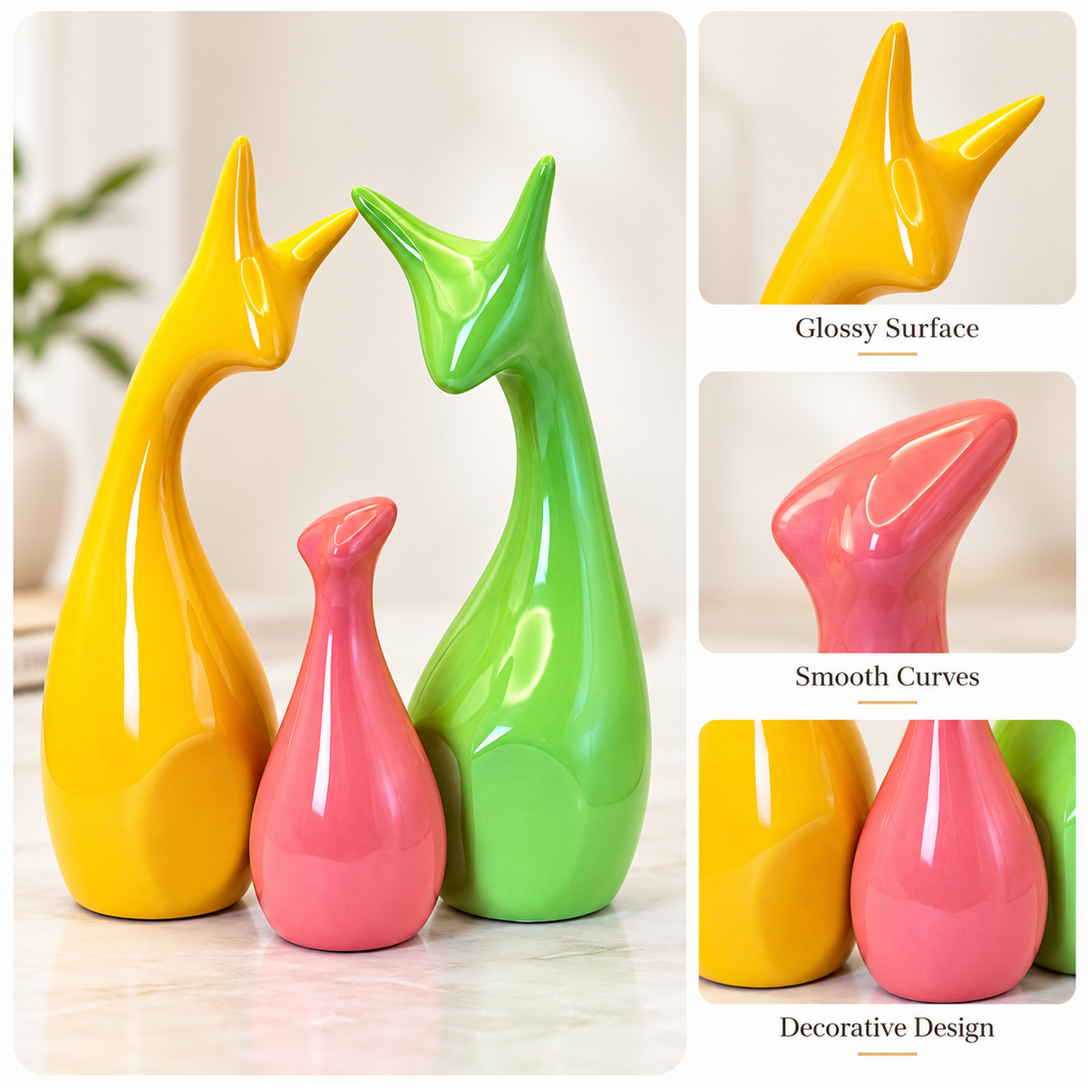 Multicolor ceramic deer family set on marble plinth