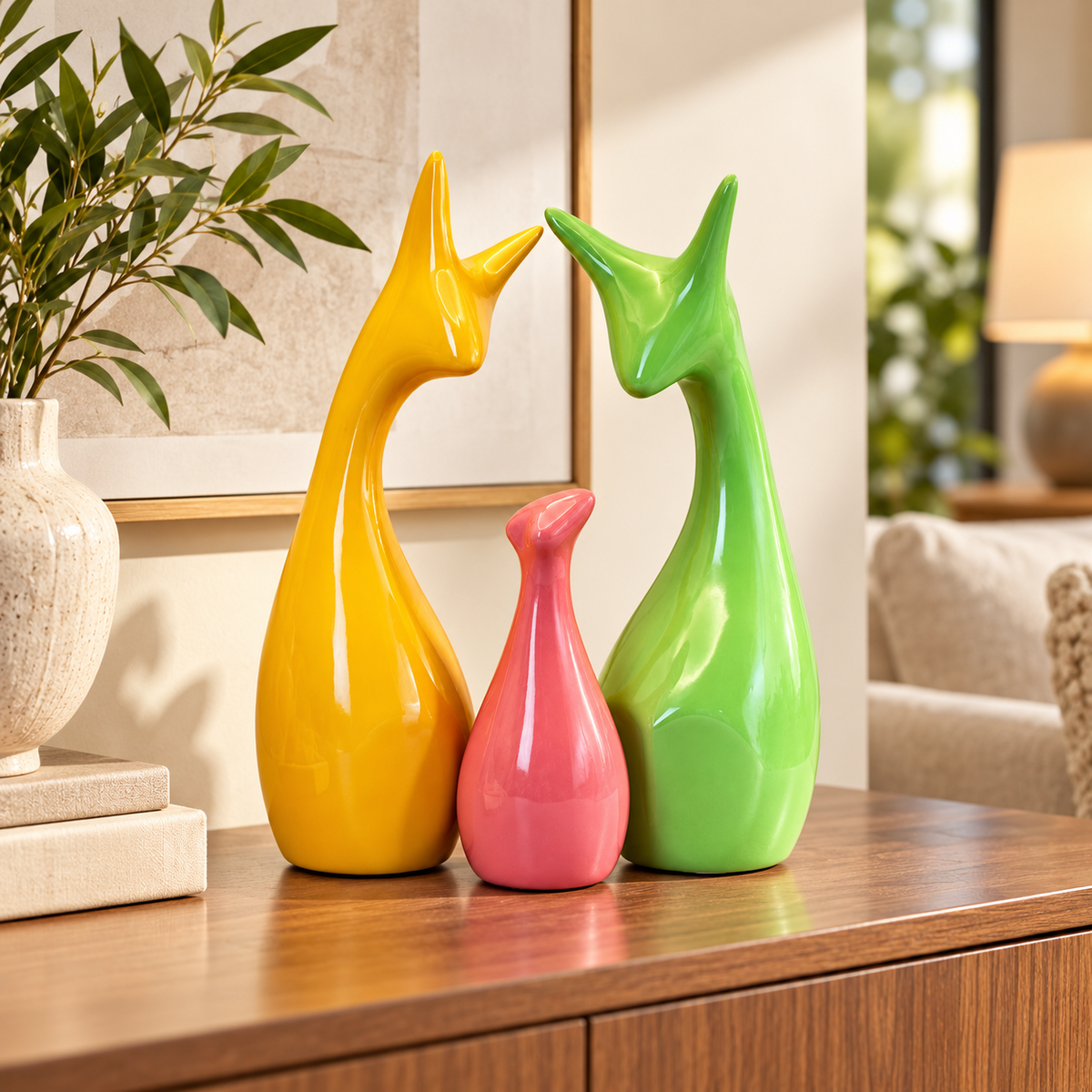 Decorative ceramic deer family figurines on wooden living room console