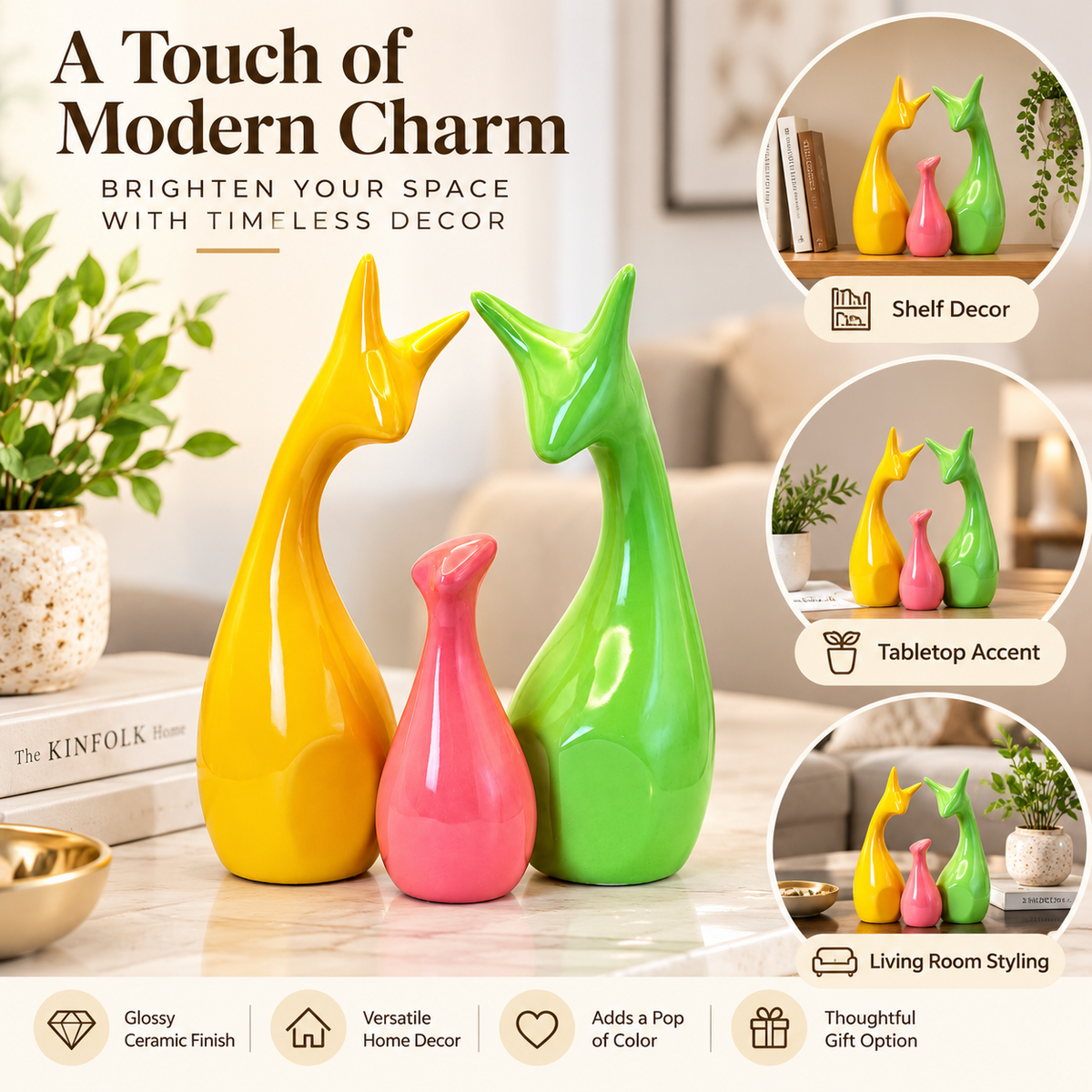 Multicolor glossy ceramic deer family figurine set of 3, yellow green and pink, on white background