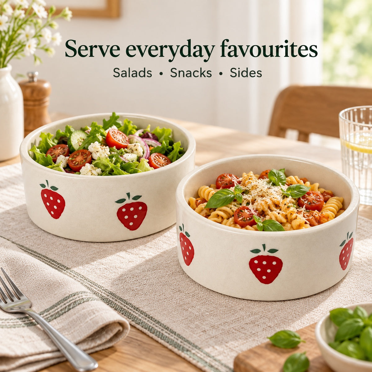Set of 2 strawberry ceramic serving bowls with salad and pasta