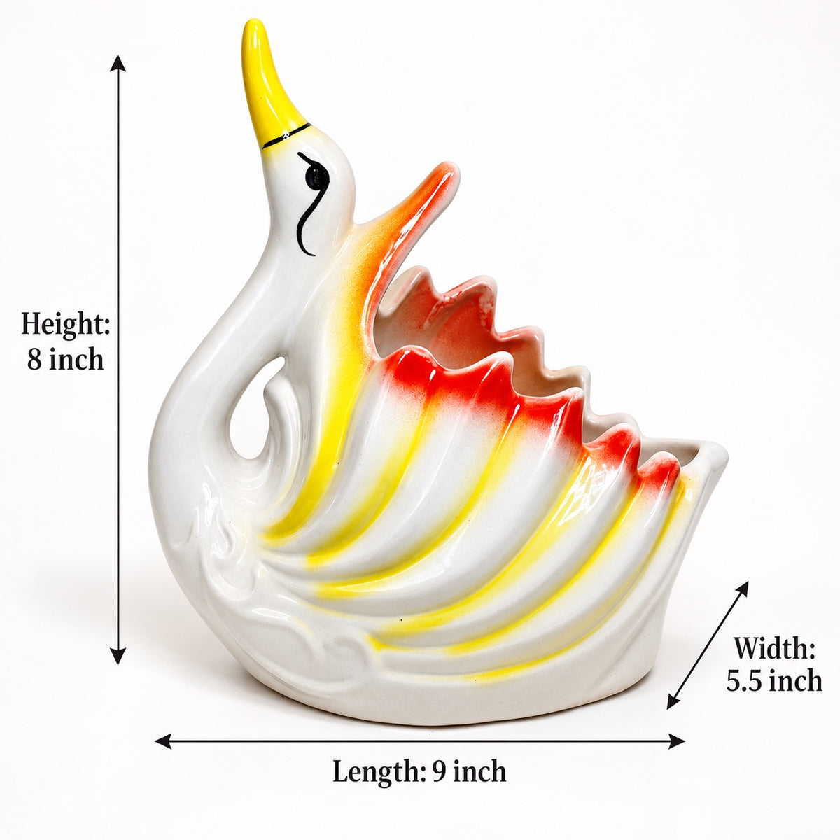 Swan ceramic planter size guide 9 by 5.5 by 8 inches