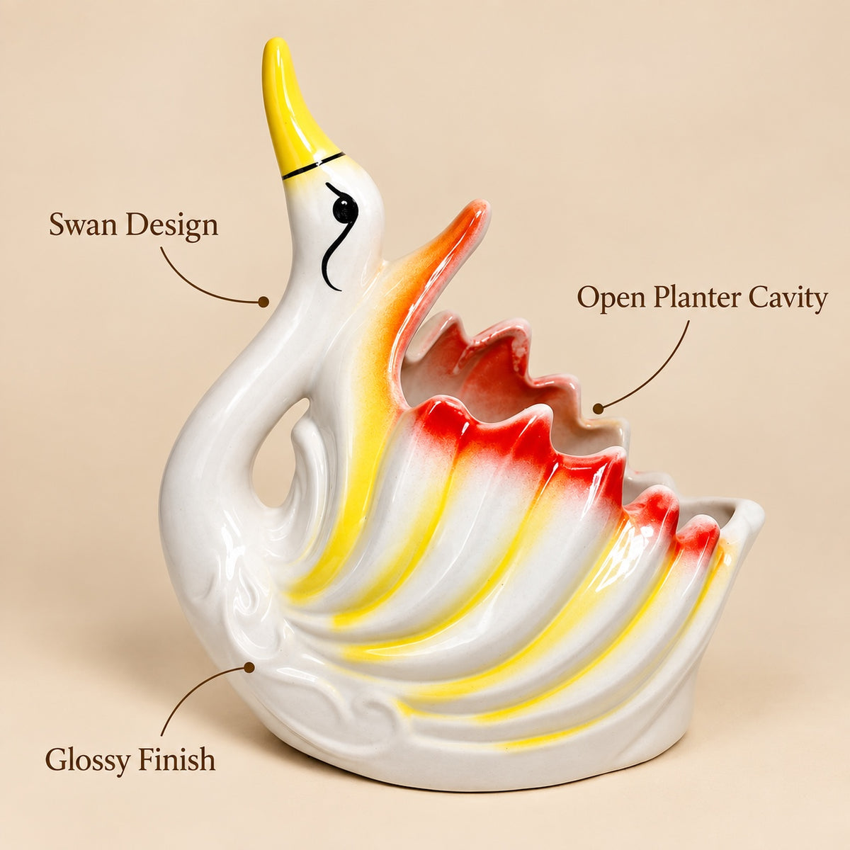 Swan ceramic planter glossy finish and open planter cavity
