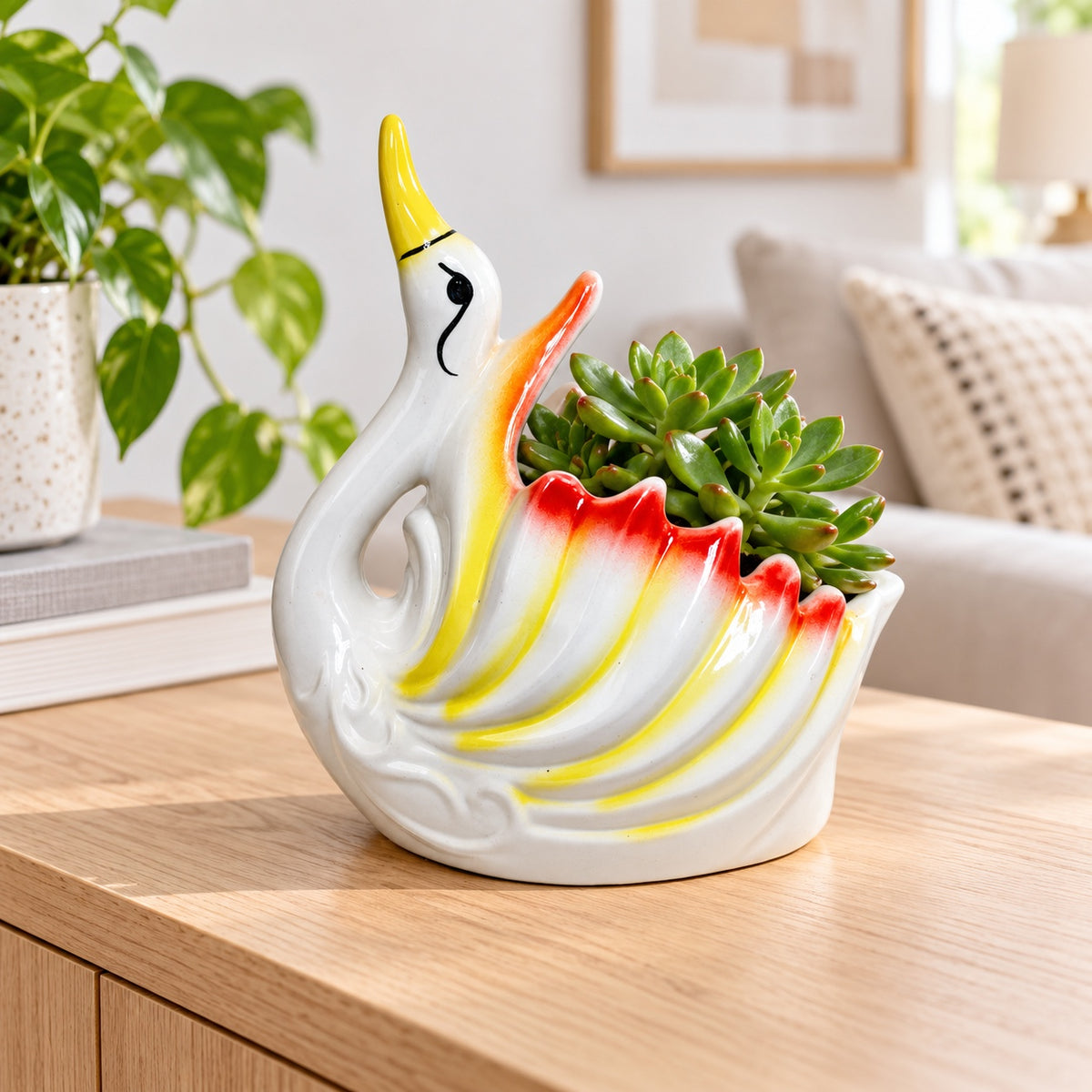Swan ceramic indoor planter with succulent