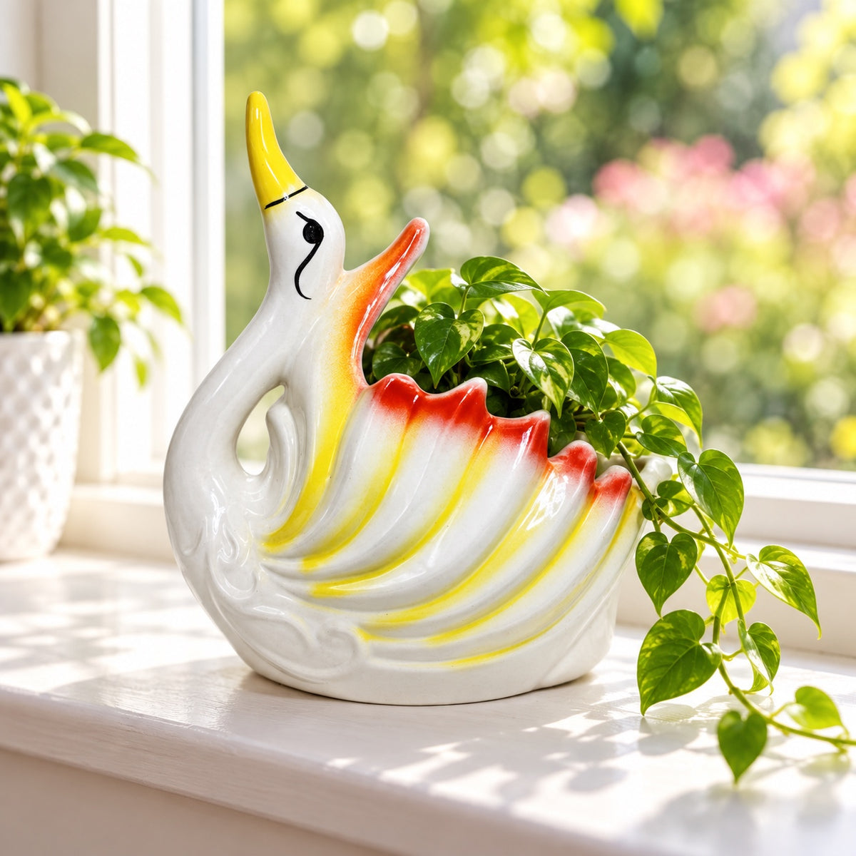 Swan ceramic planter with trailing indoor plant near window