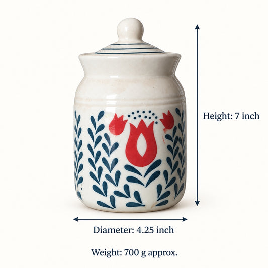 Ceramic jar dimensions 7 inch height 4.25 inch diameter and approximately 700 g