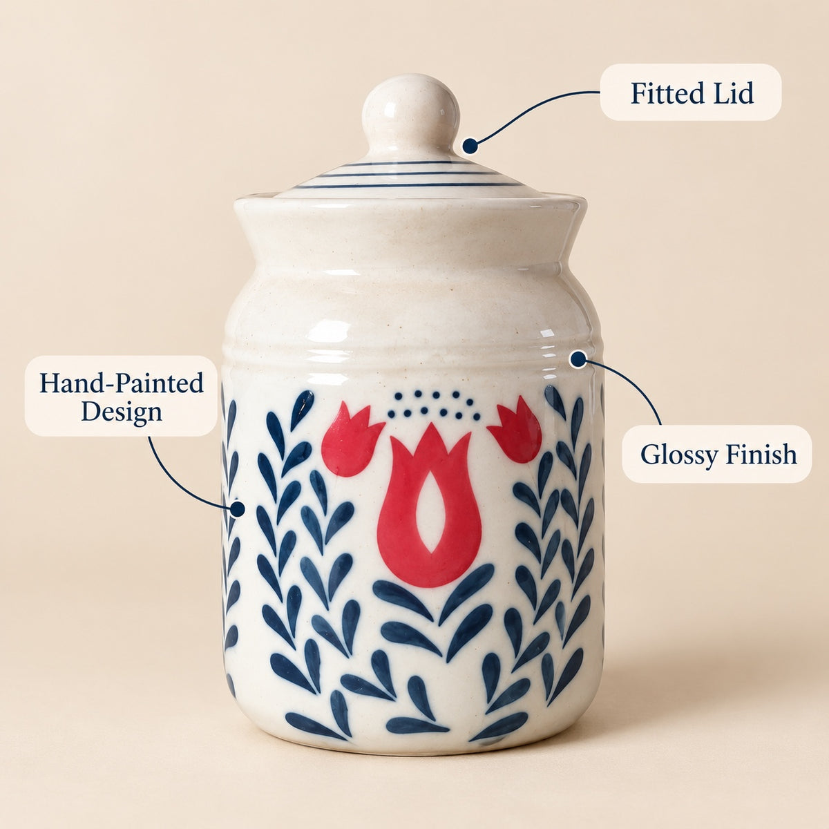 White floral ceramic storage jar feature image showing fitted lid and glossy finish