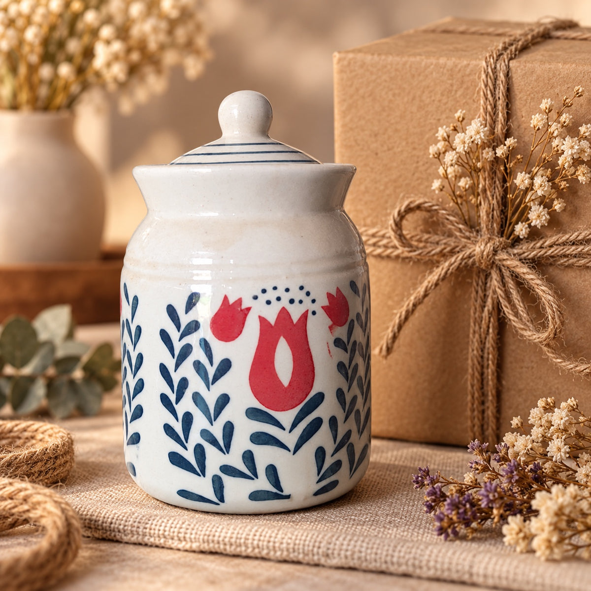 White floral ceramic storage jar styled as a gifting option