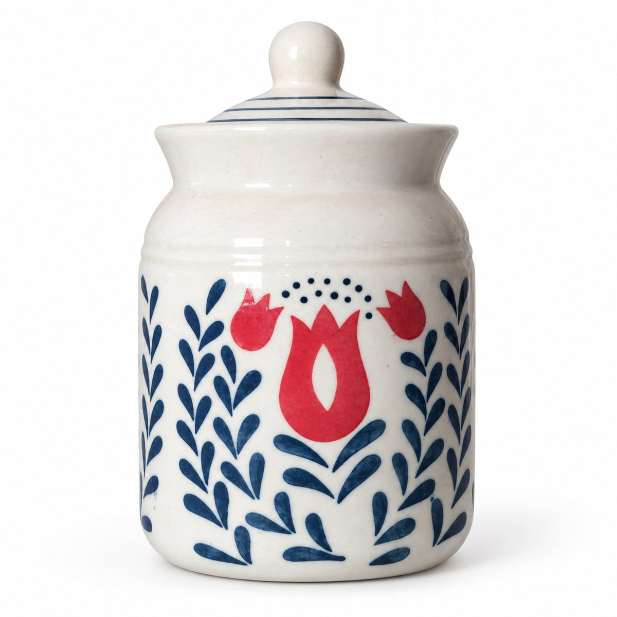White ceramic storage jar with red floral and blue leaf design